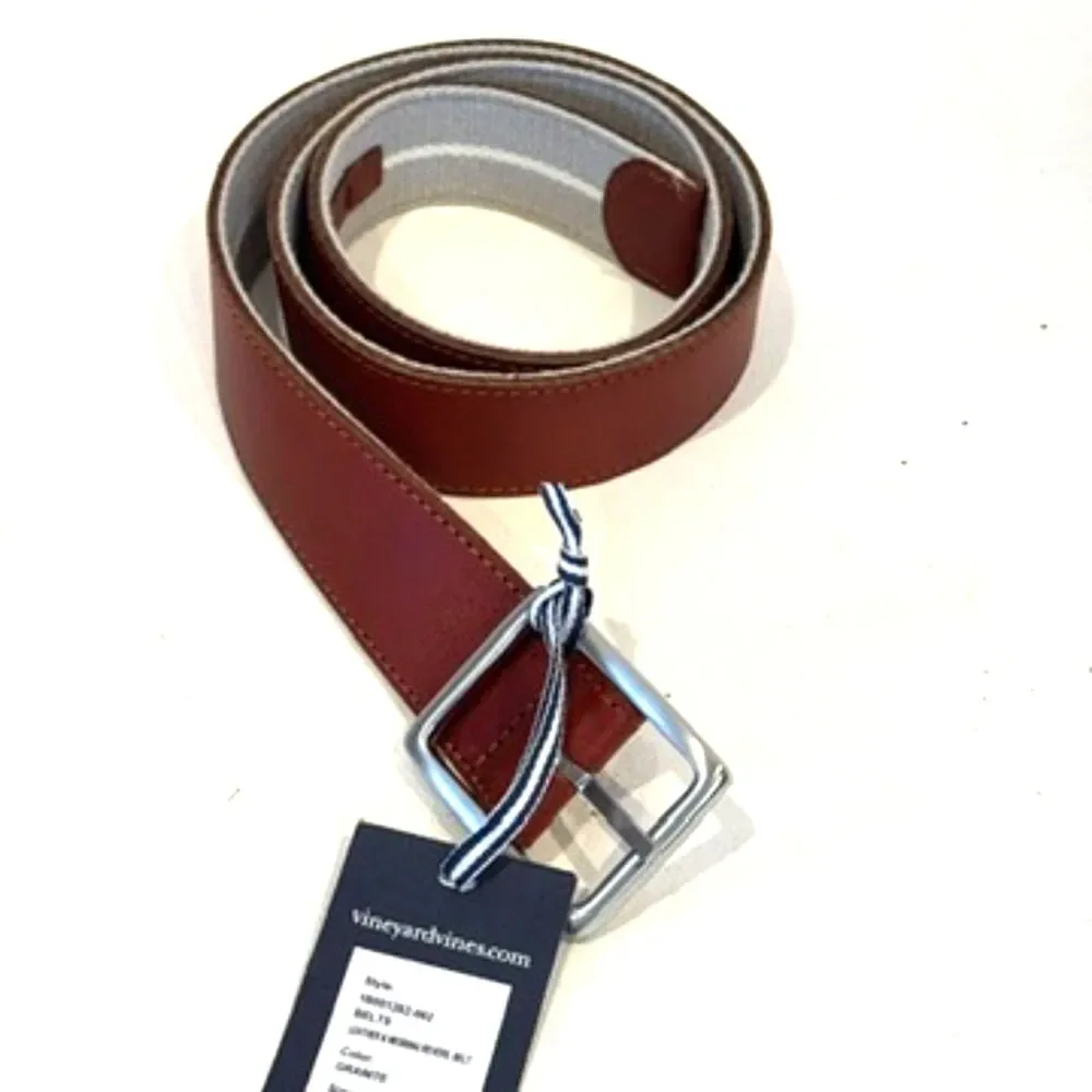 Vineyard Vines Reversible Belt Brown Leather/Granite Webbing Silver Buckle 32
